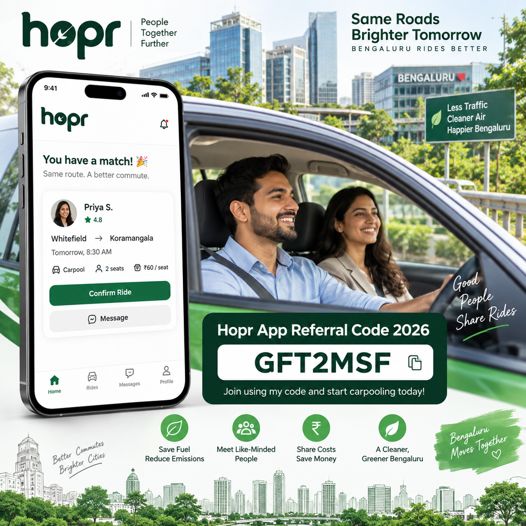 Hopr App Referral Code GFT2MSF 2026 - office carpooling app India save on daily commute